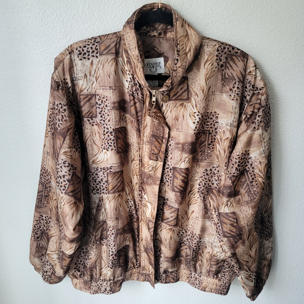 Vintage Cervelle 100% Silk Animal Print Windbreaker Track Jacket Medium In Brown